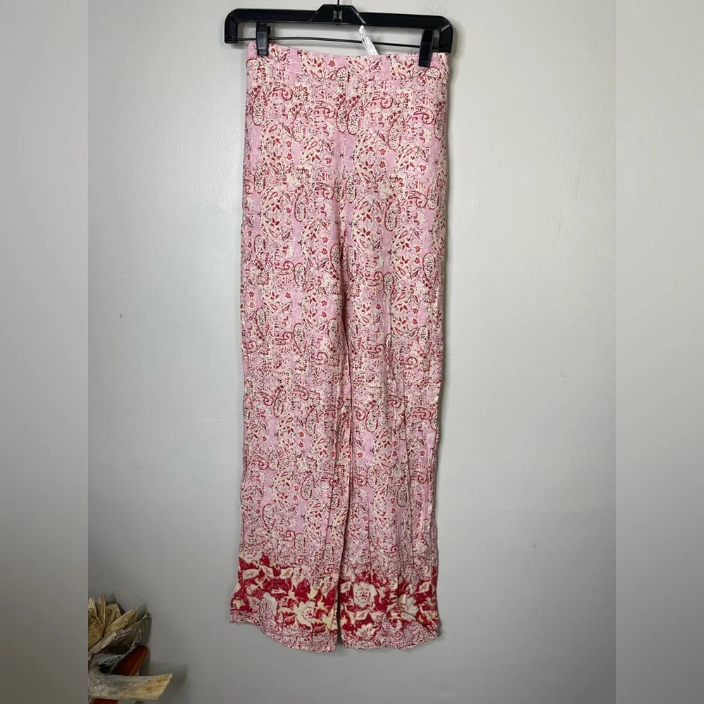 Zara Women Wide Leg Linen Blend Elastic Waist Trouser Pants Pink/White Sz XS